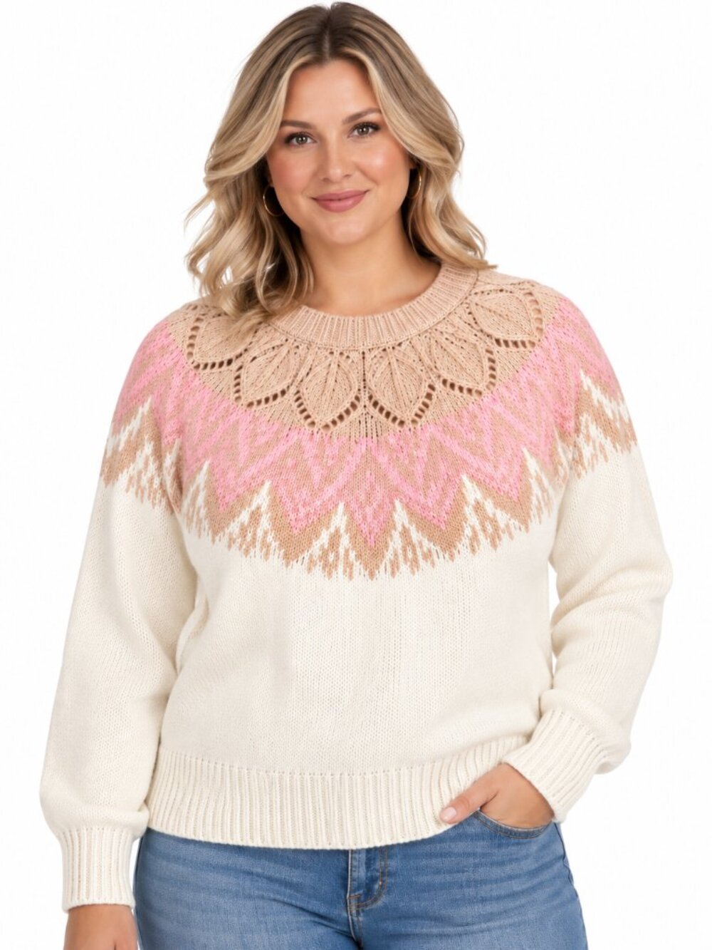 NEW Crown & Ivy Pink Ivory Fair Isle Mock Neck Cozy Sweater Size Large